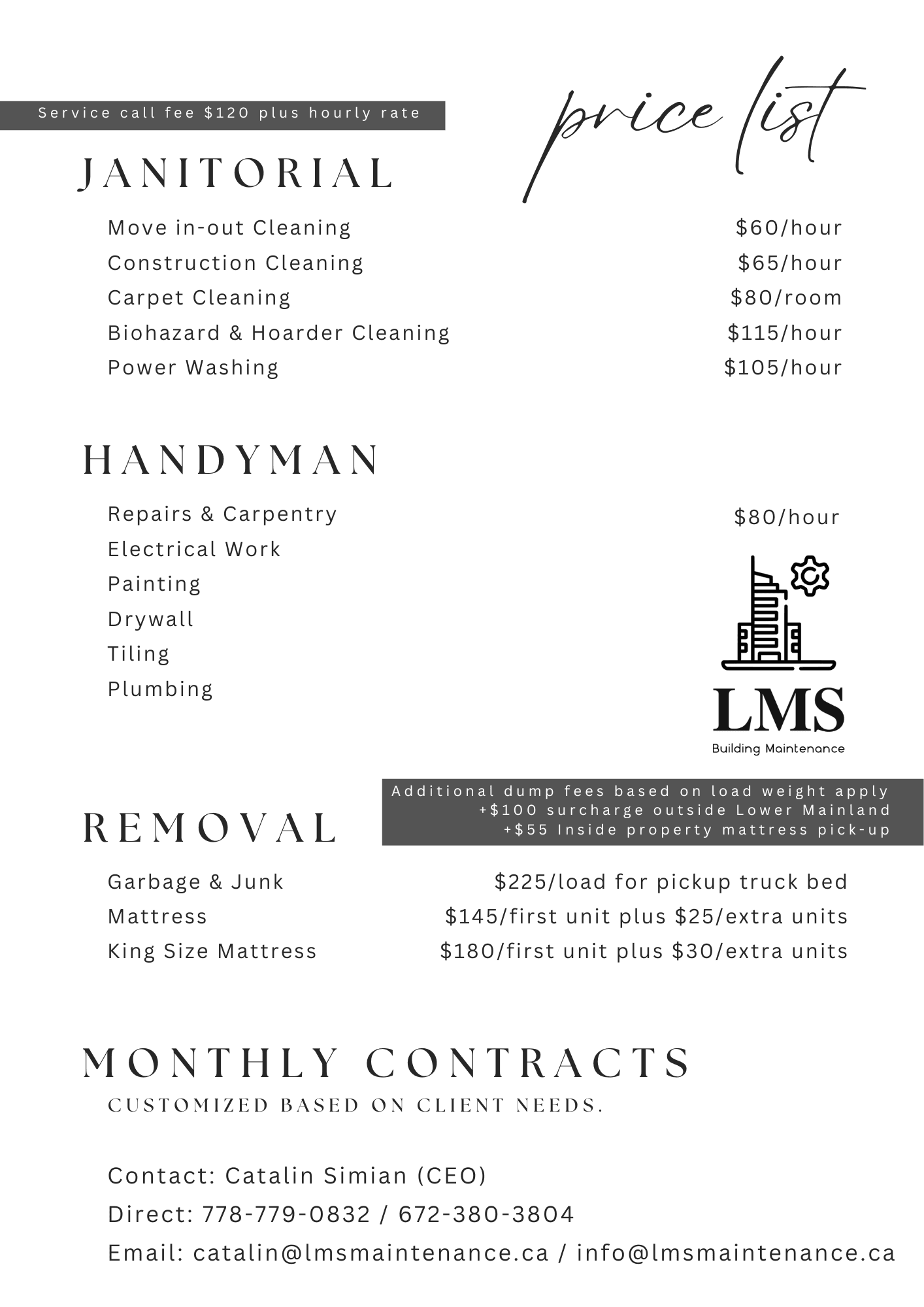 LMS Building Maintenance Ltd price list